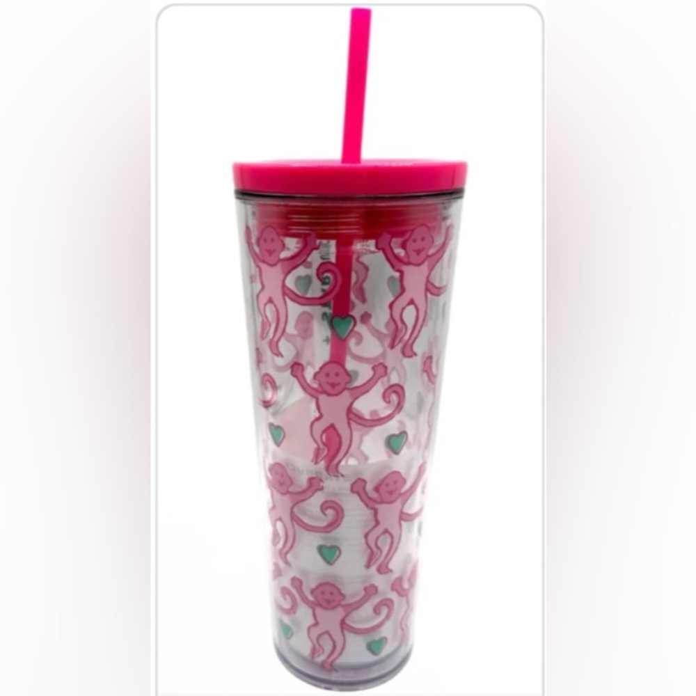 Starbucks+ Roller Rabbit Pink Monkey Pattern Tumbler with Straw